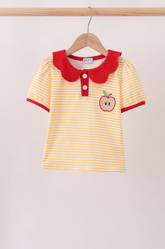 Mustard Stripe Apple Embroidered Top