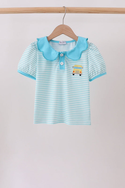 Blue Stripe School Bus Embroidered Top
