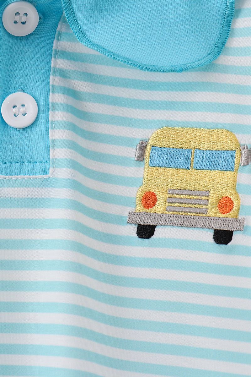 Blue Stripe School Bus Embroidered Top
