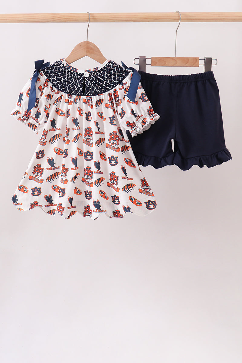 Navy Auburn Smocked Scalloped Shorts Set