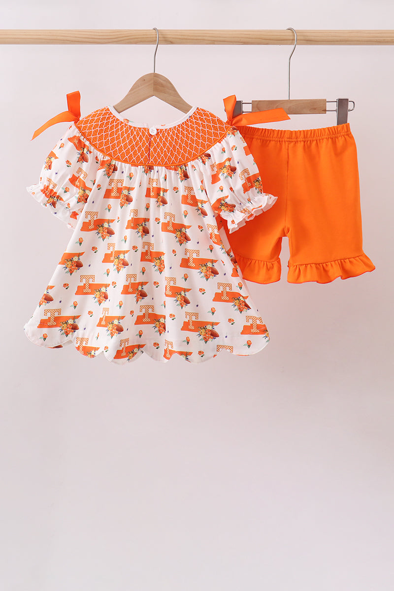 Orange Tennessee Smocked Scalloped Ruffle Shorts Set