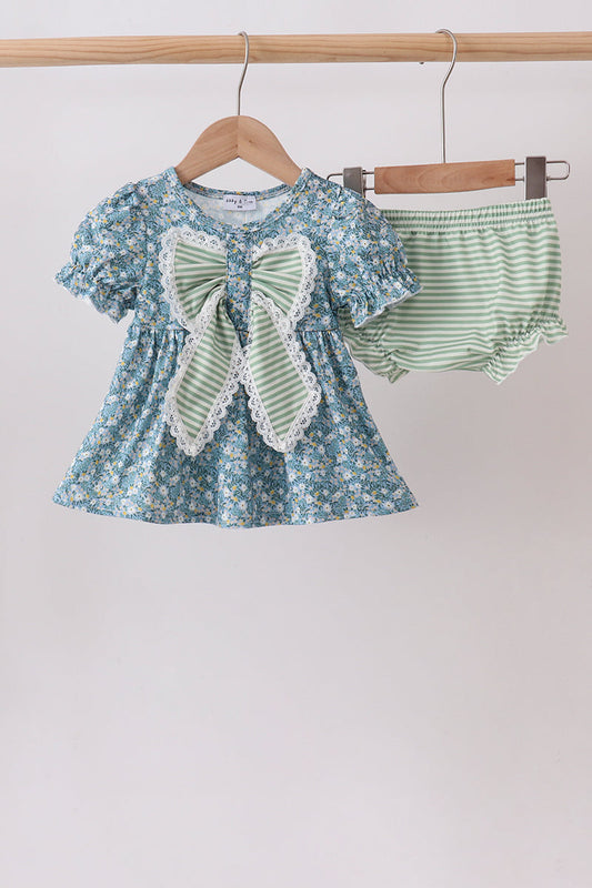 Teal Floral Lace Bow Bloomer Set