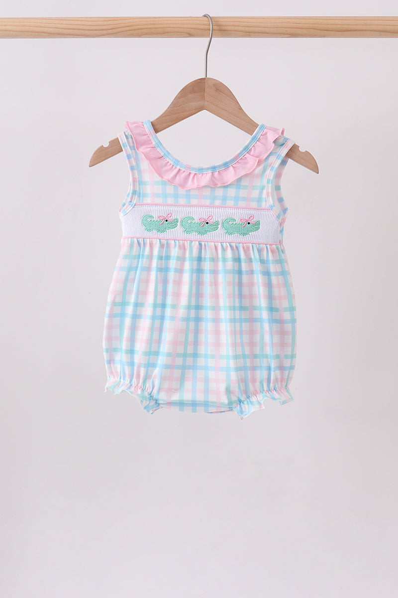 Pink Crocodile Smocked Gingham Bubble