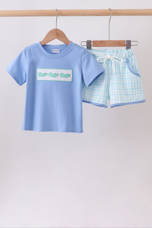 Blue Crocodile Embroidered Shorts Set