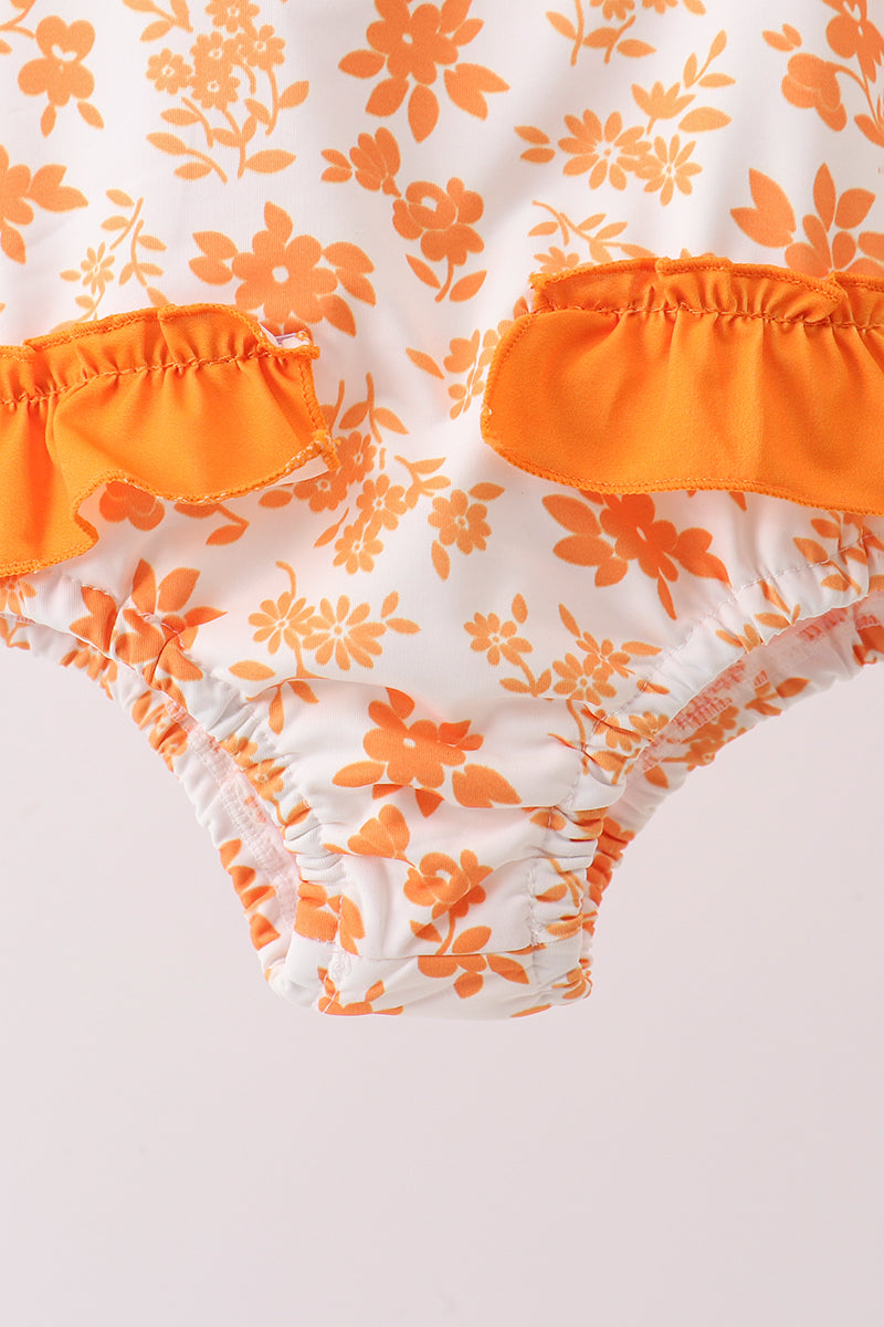 Orange Floral Print Ruffle Swimsuit