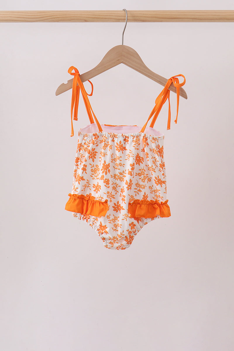 Orange Floral Print Ruffle Swimsuit