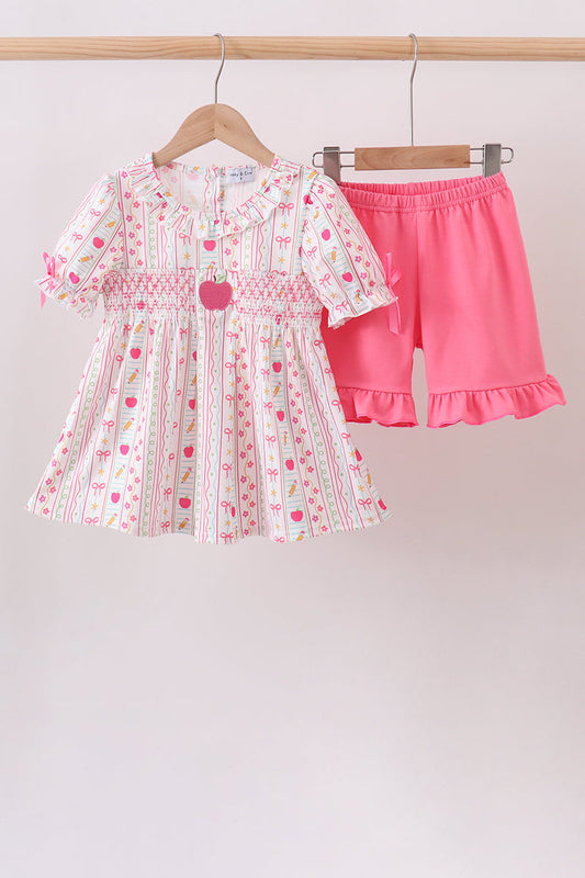 Pink Apple Smocked Ruffle Shorts Set