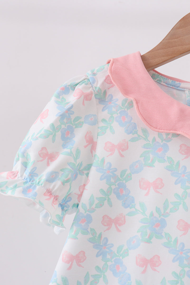 Pink Floral Bow Print Dress