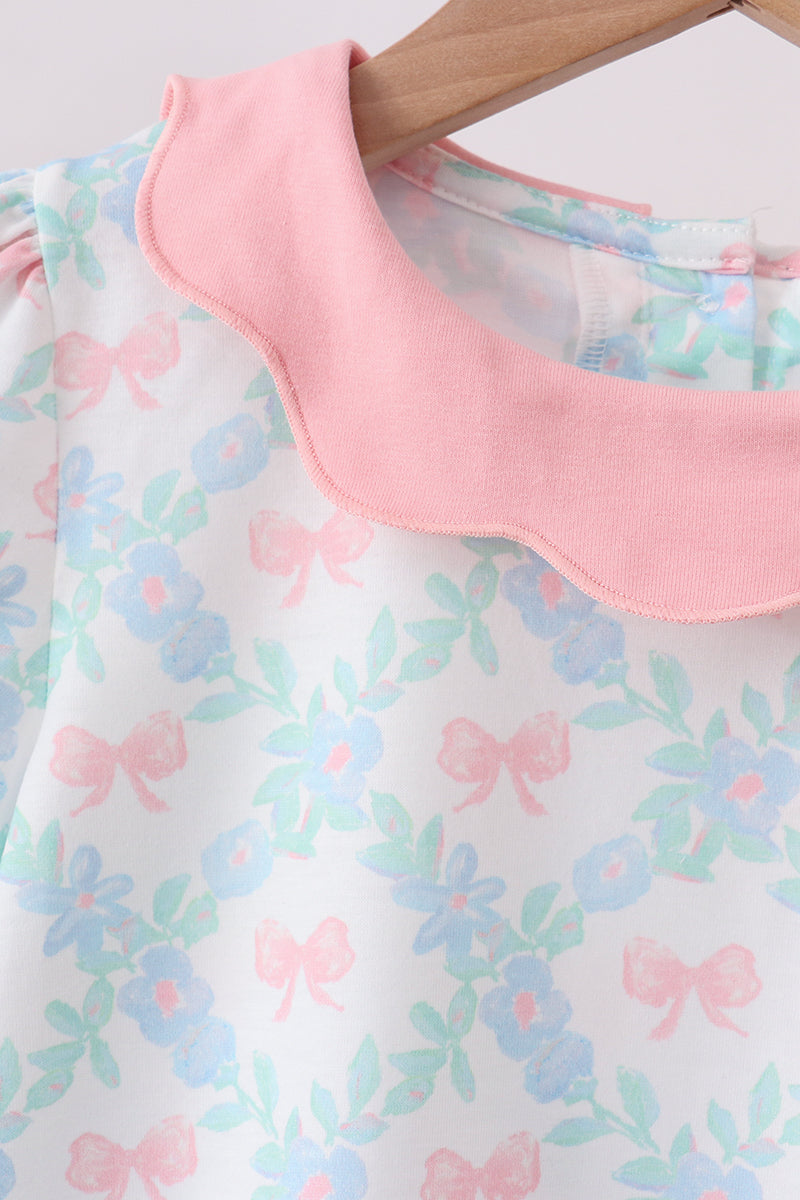 Pink Floral Bow Print Scalloped Shorts Set