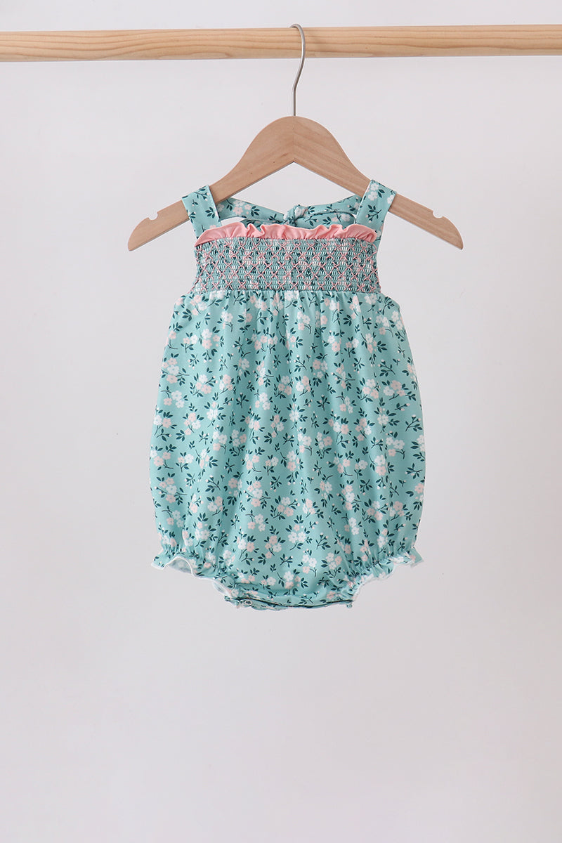 Green Floral Smocked Ruffle Bubble