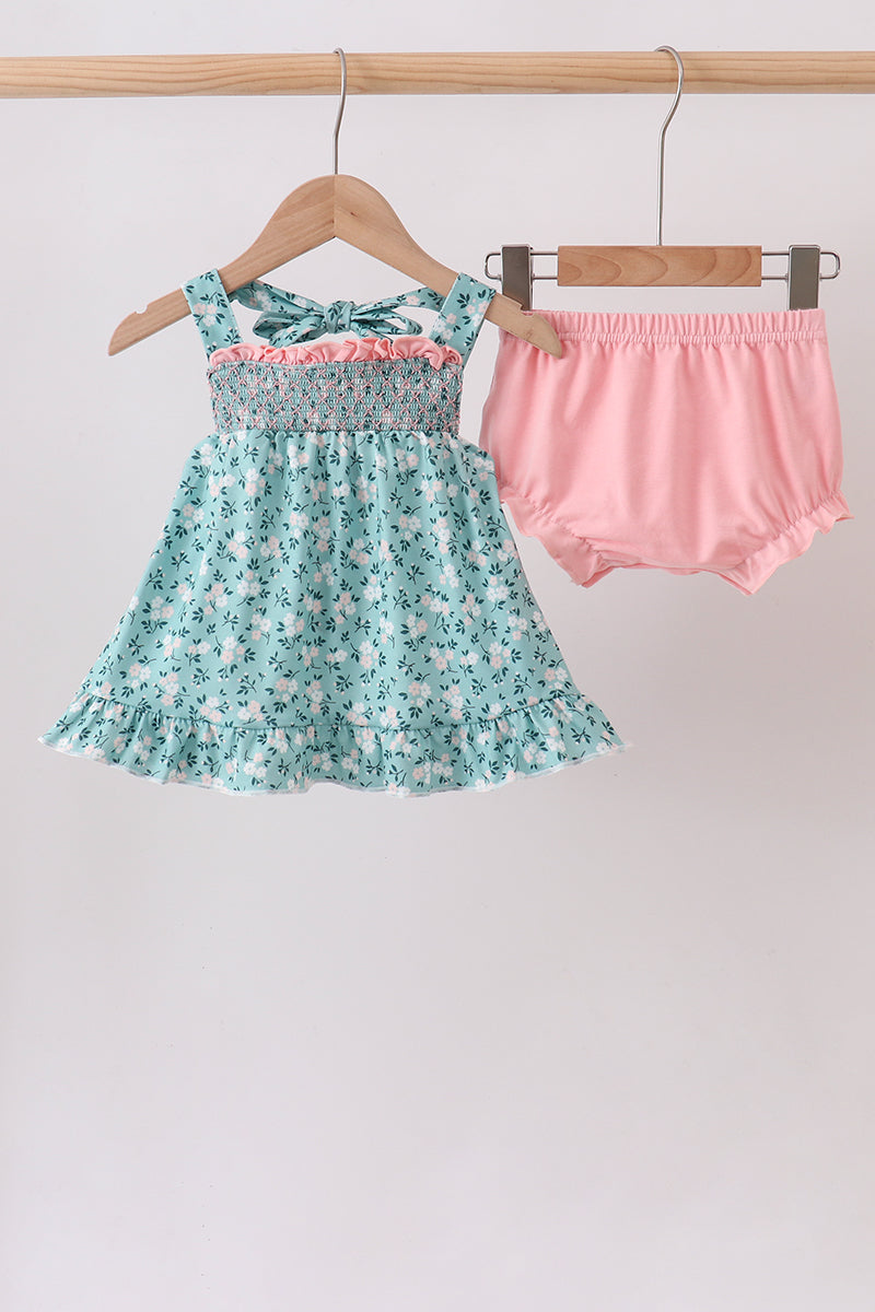 Green Floral Smocked Ruffle Bloomer Set