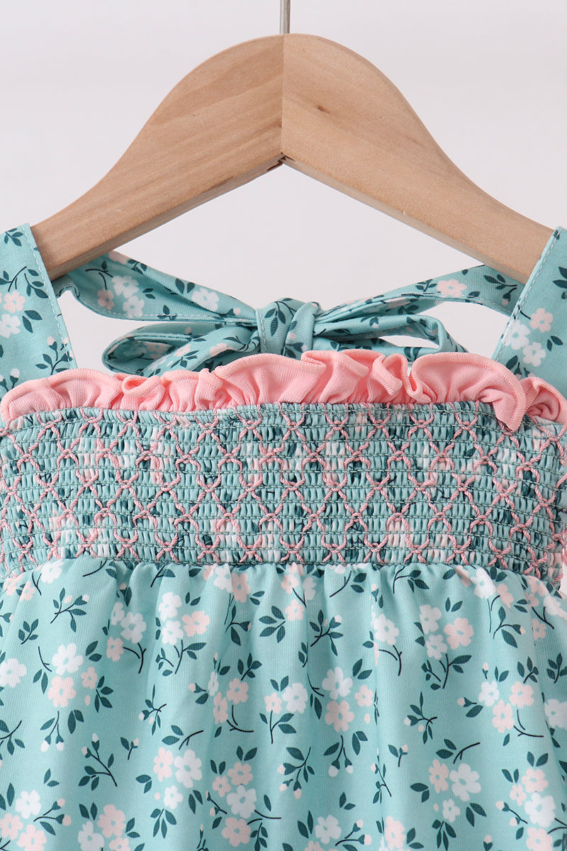 Green Floral Smocked Ruffle Bloomer Set