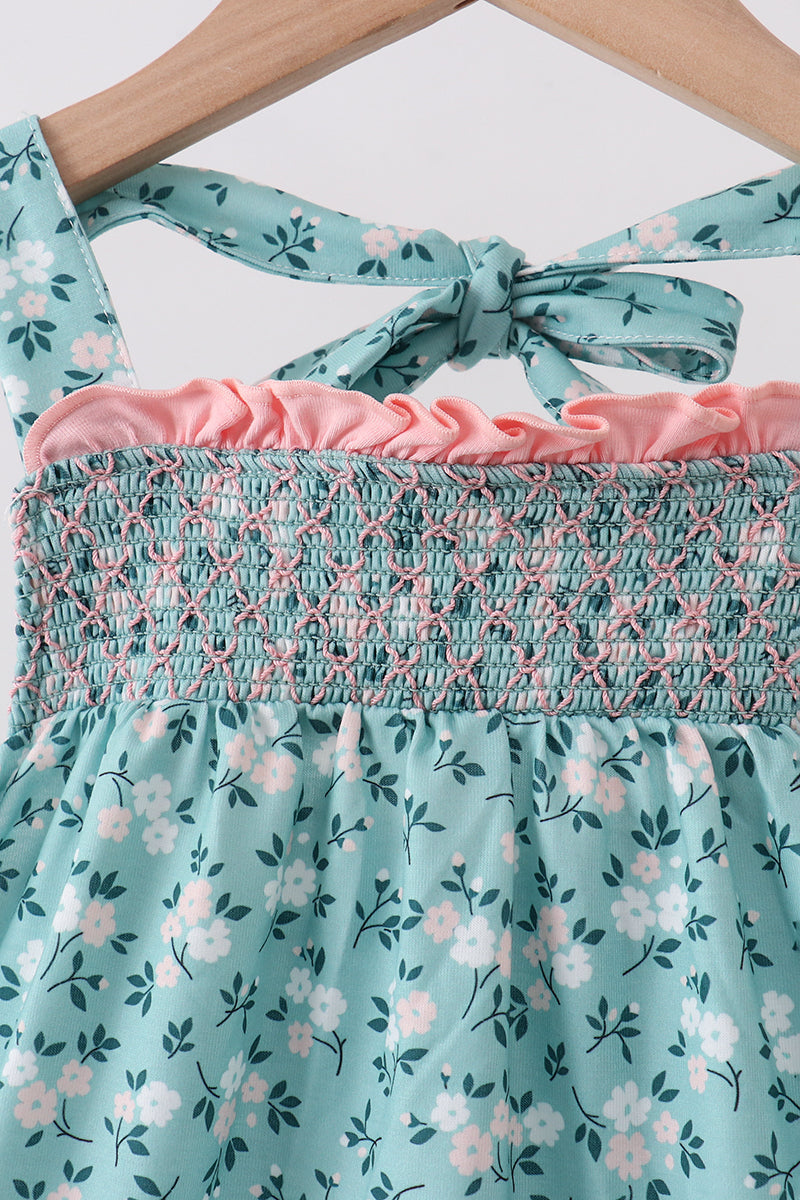 Green Floral Smocked Ruffle Dress