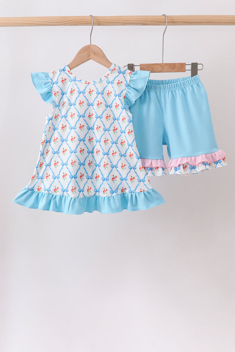 Blue Rose Ruffle Shorts Set