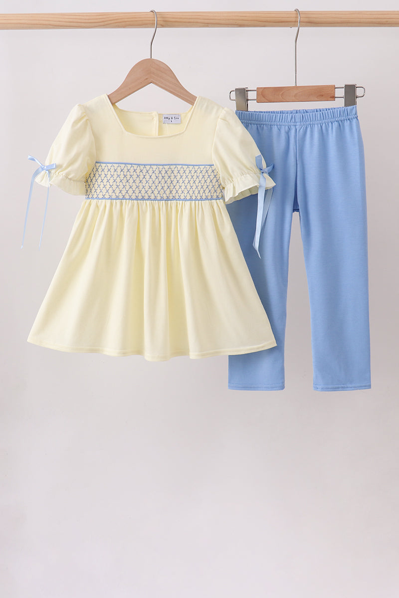Cream smocked bow pants set