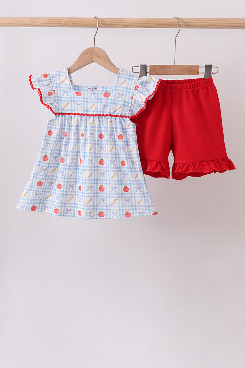 Red Apple Print Girls Shorts Set