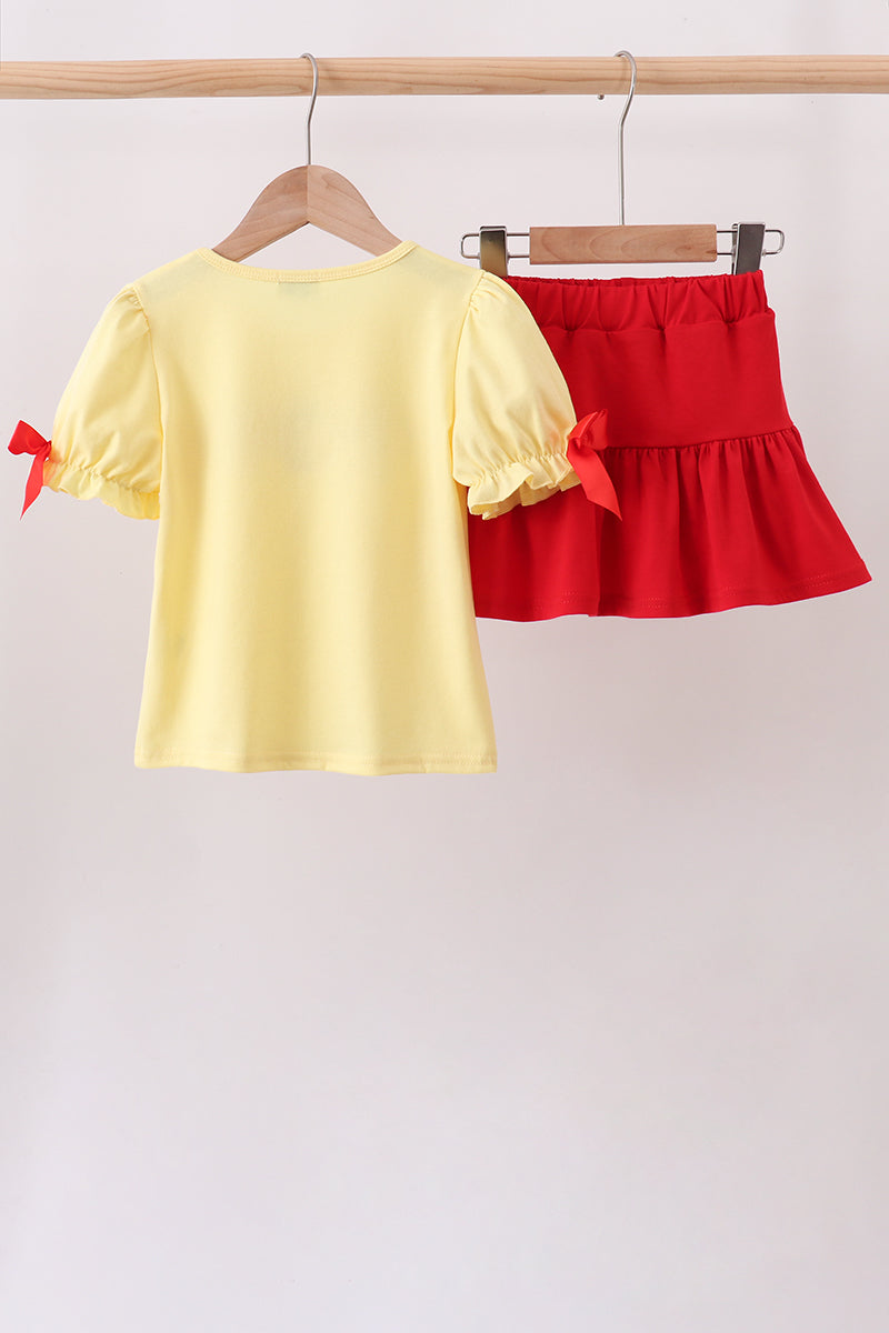 Yellow Apple Crayon Embroidered Girls Skorts Set