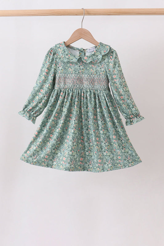 Green Floral Smocked Dress