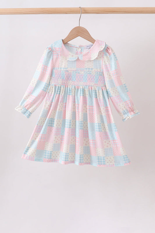 Checkered Floral Smocked Dress