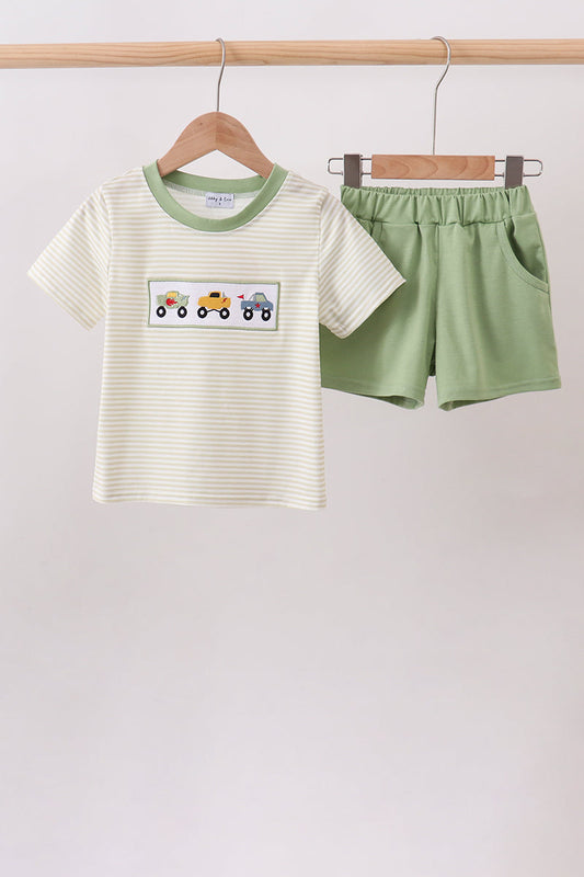 Monster truck embroidery stripe shorts set