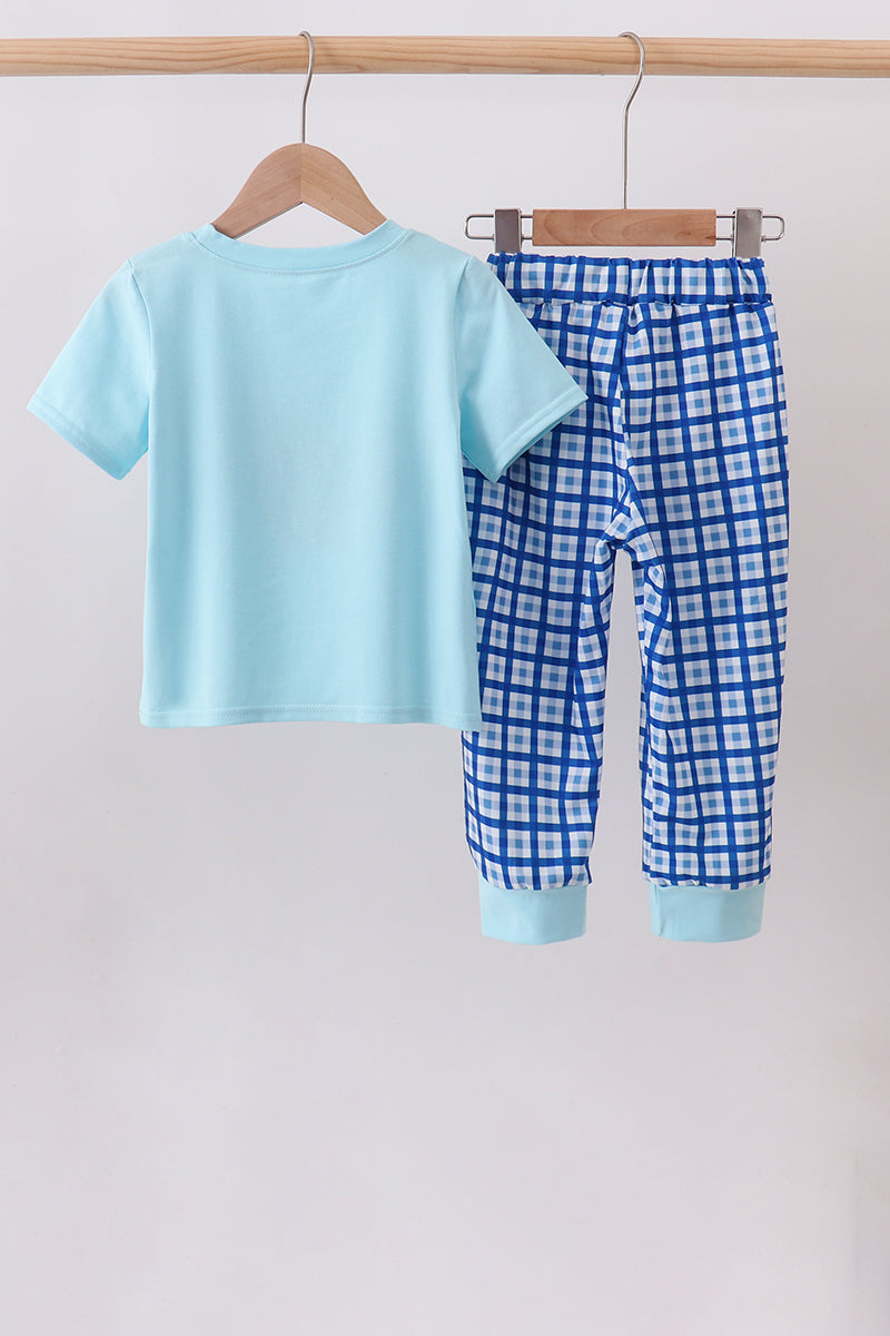 Blue character embroidery pants set