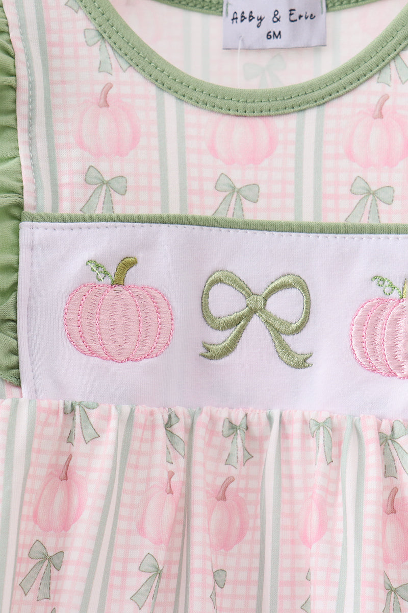Sage Pumpkin Bow Embroidery Ruffle Bubble