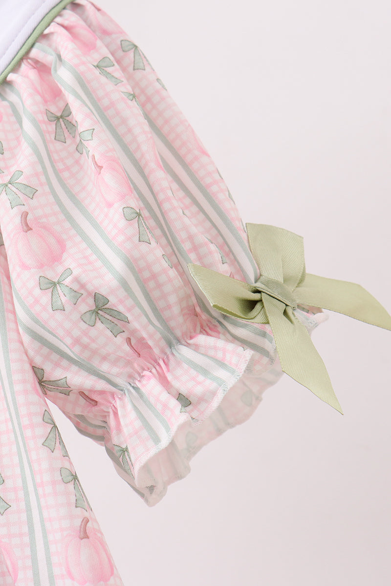 Sage Pumpkin Bow Embroidery Dress