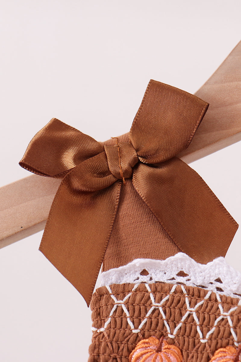 Brown Pumpkin Smocked Lace Bloomer Set