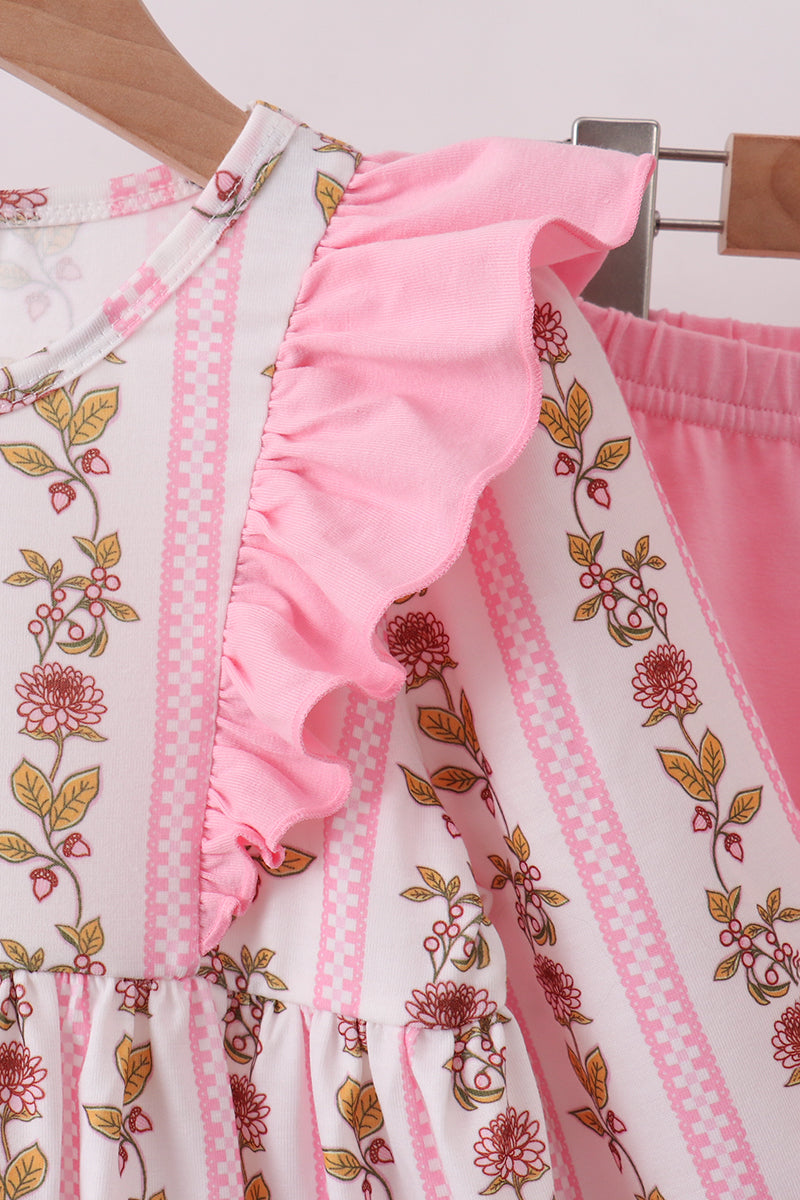 Pink Rose Stripe Ruffle Pants Set