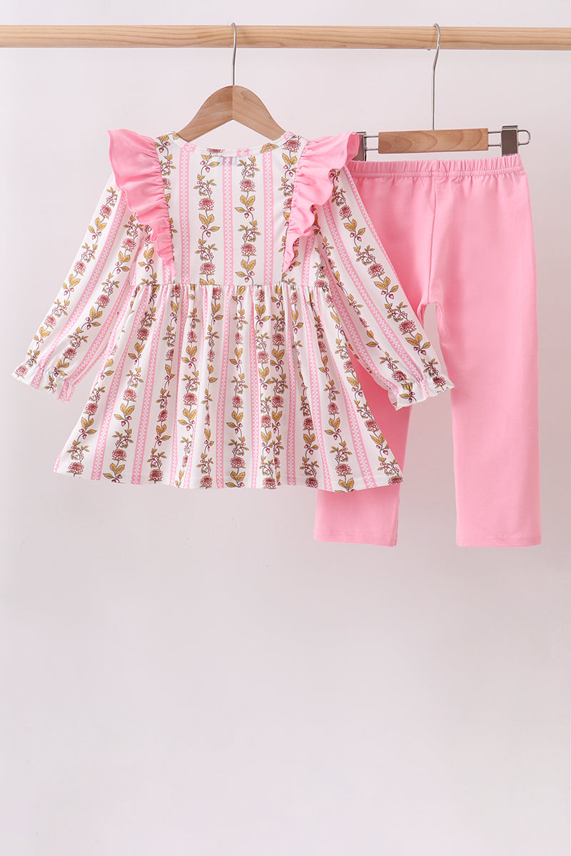 Pink Rose Stripe Ruffle Pants Set