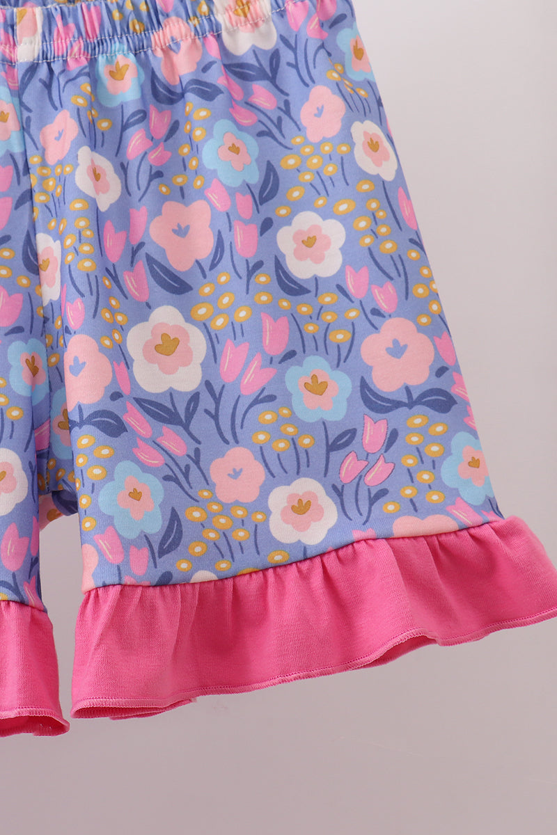 Purple Floral Ruffle Shorts Set