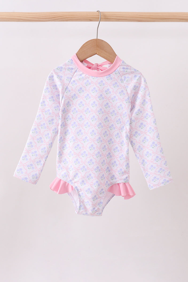 Pink floral print ruffle rashguard
