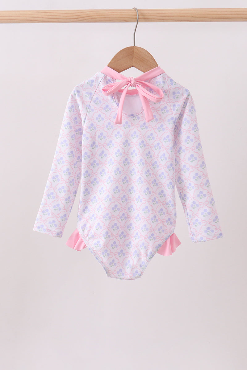 Pink floral print ruffle rashguard