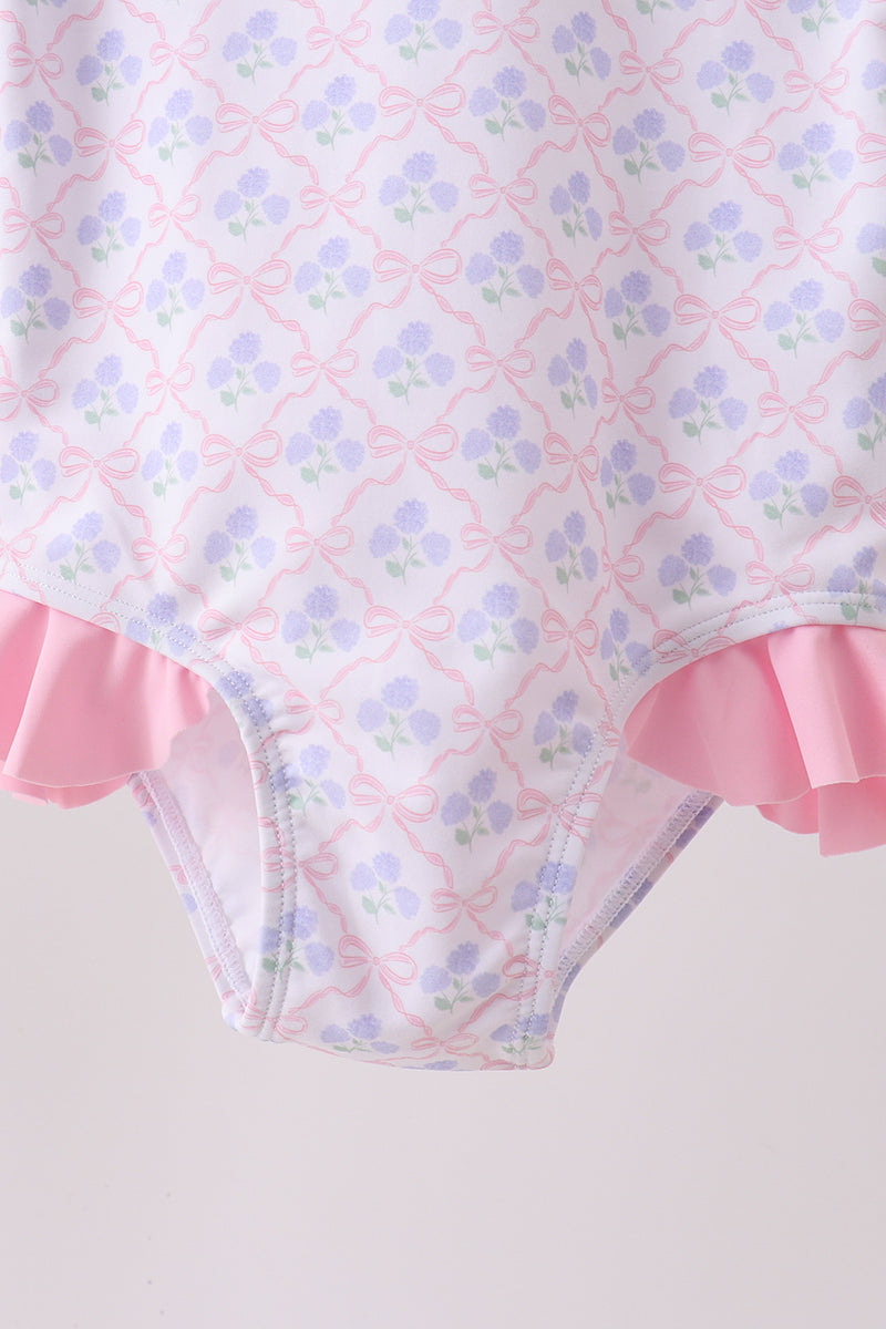 Pink floral print ruffle rashguard