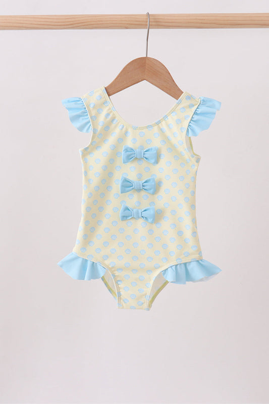 Yellow shell print bow ruffle swimsuit