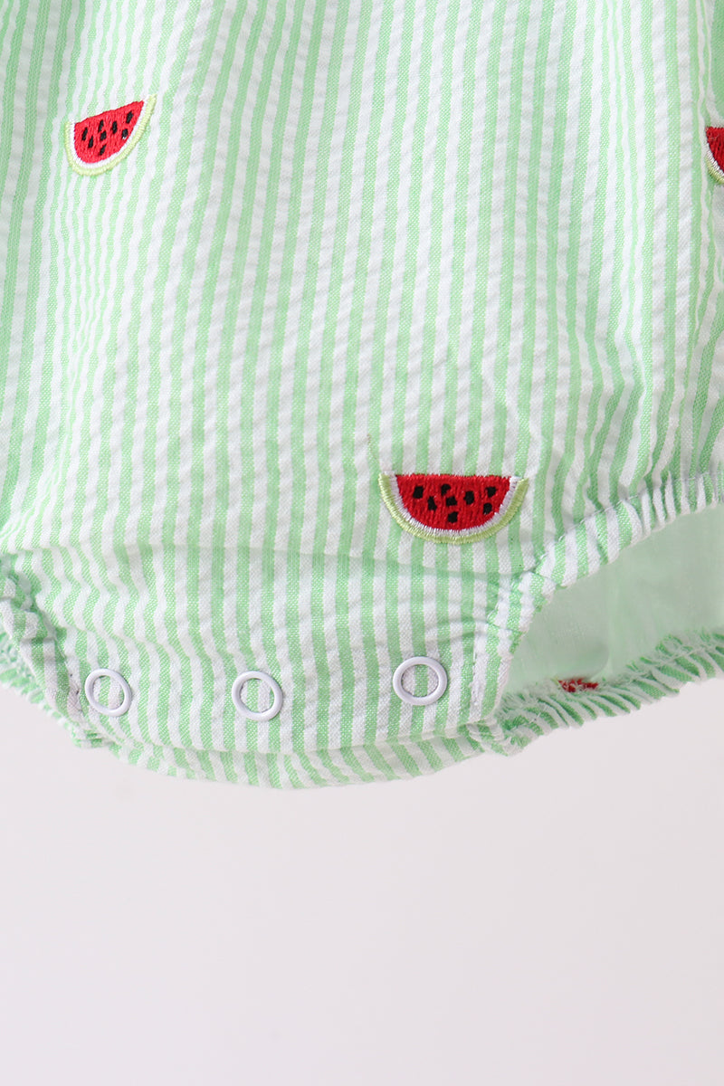 Red stripe watermelon embroidery seersucker bubble