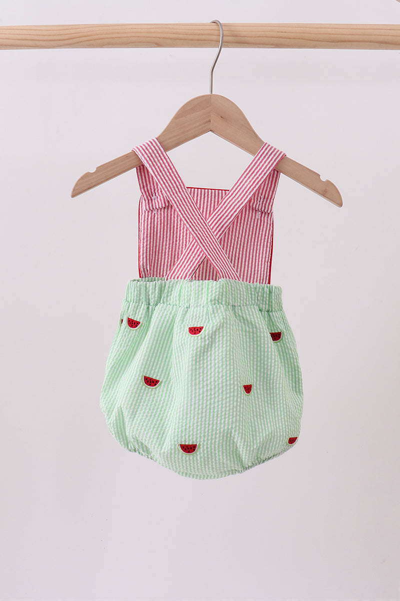 Red stripe watermelon embroidery seersucker bubble