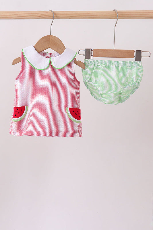 Red stripe watermelon embroidery seersucker bloomer set