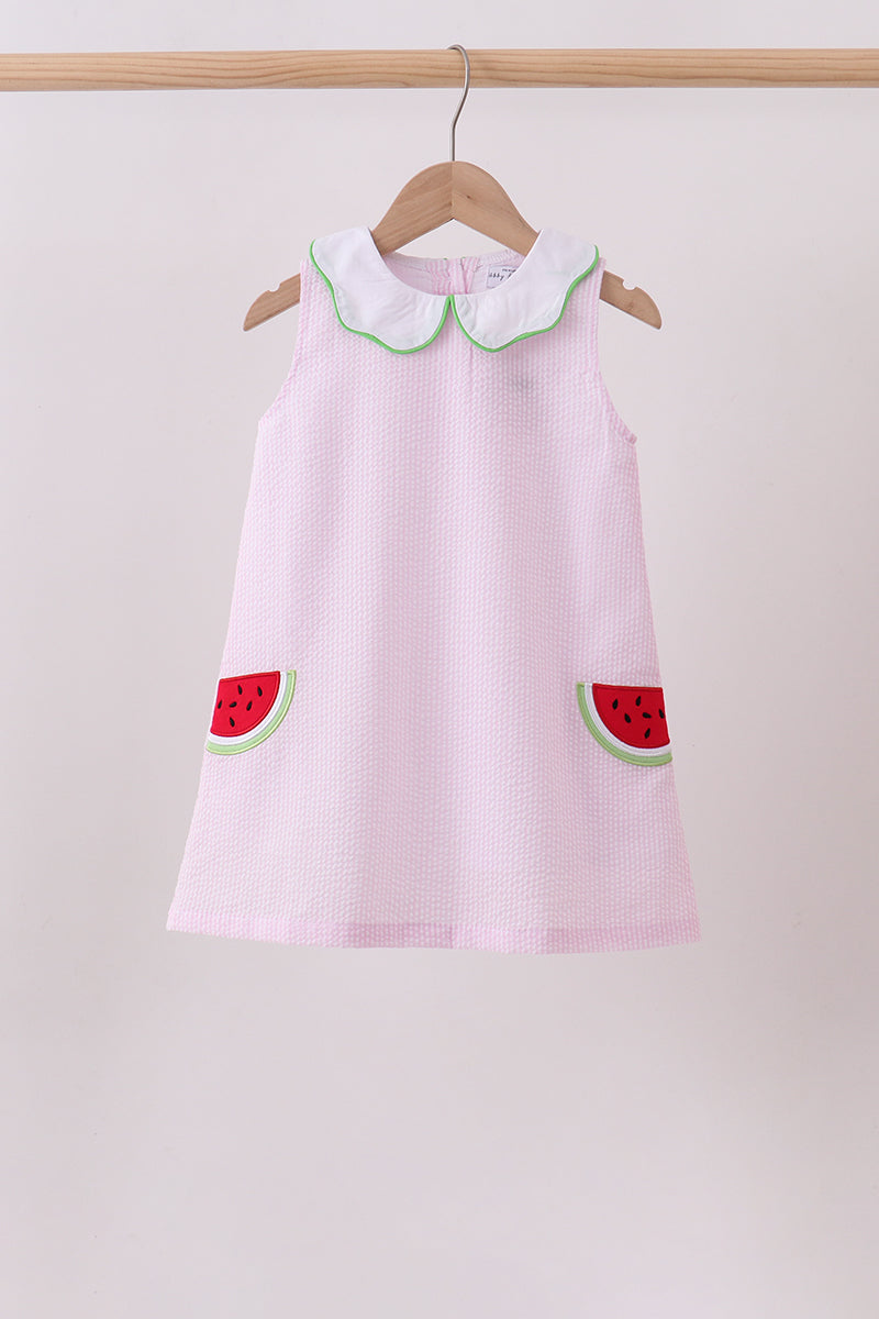 Pink stripe watermelon embroidery seersucker dress
