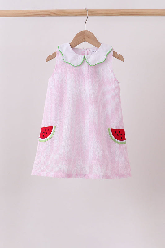 Pink stripe watermelon embroidery seersucker dress
