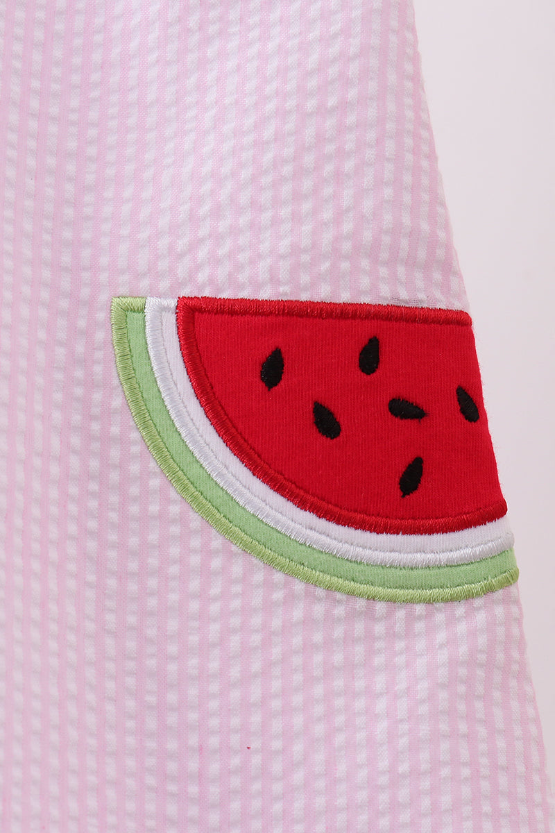 Pink stripe watermelon embroidery seersucker dress