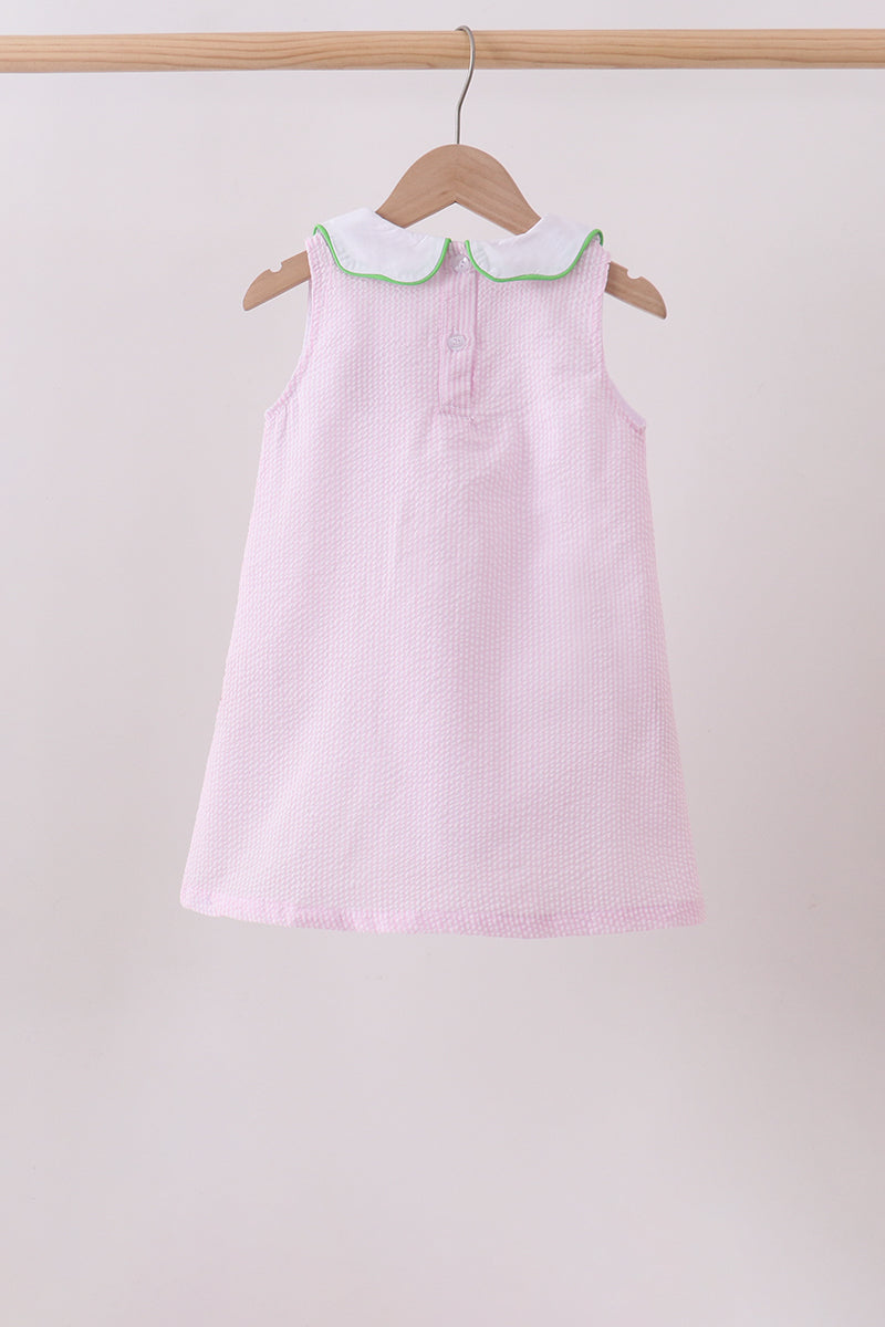 Pink stripe watermelon embroidery seersucker dress