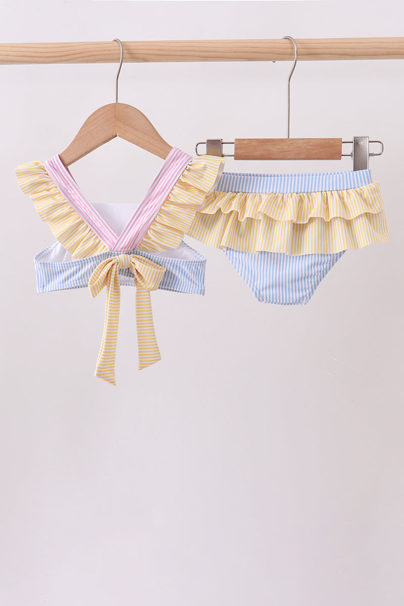Colorblock crab embroidery ruffle 2pc swimsuit