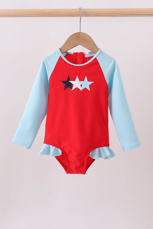 Red star embroidery ruffle rashguard