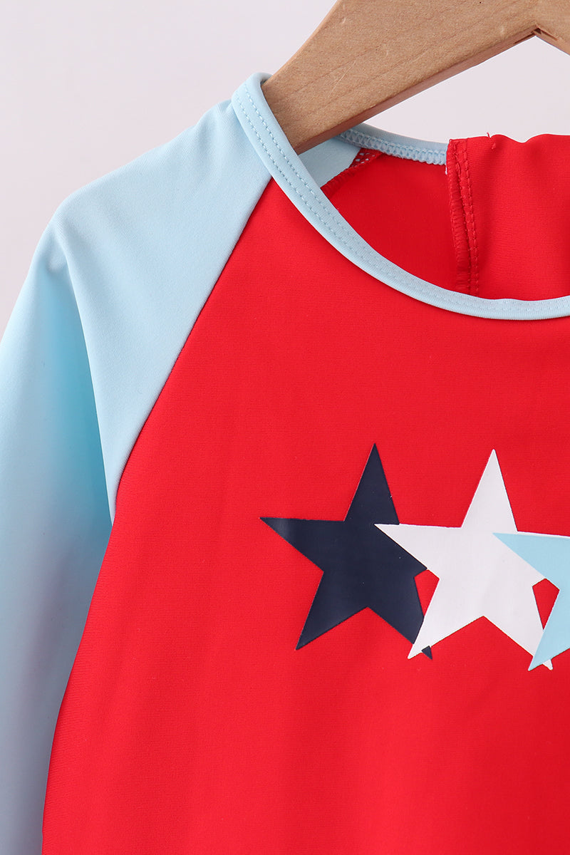 Red star embroidery ruffle rashguard