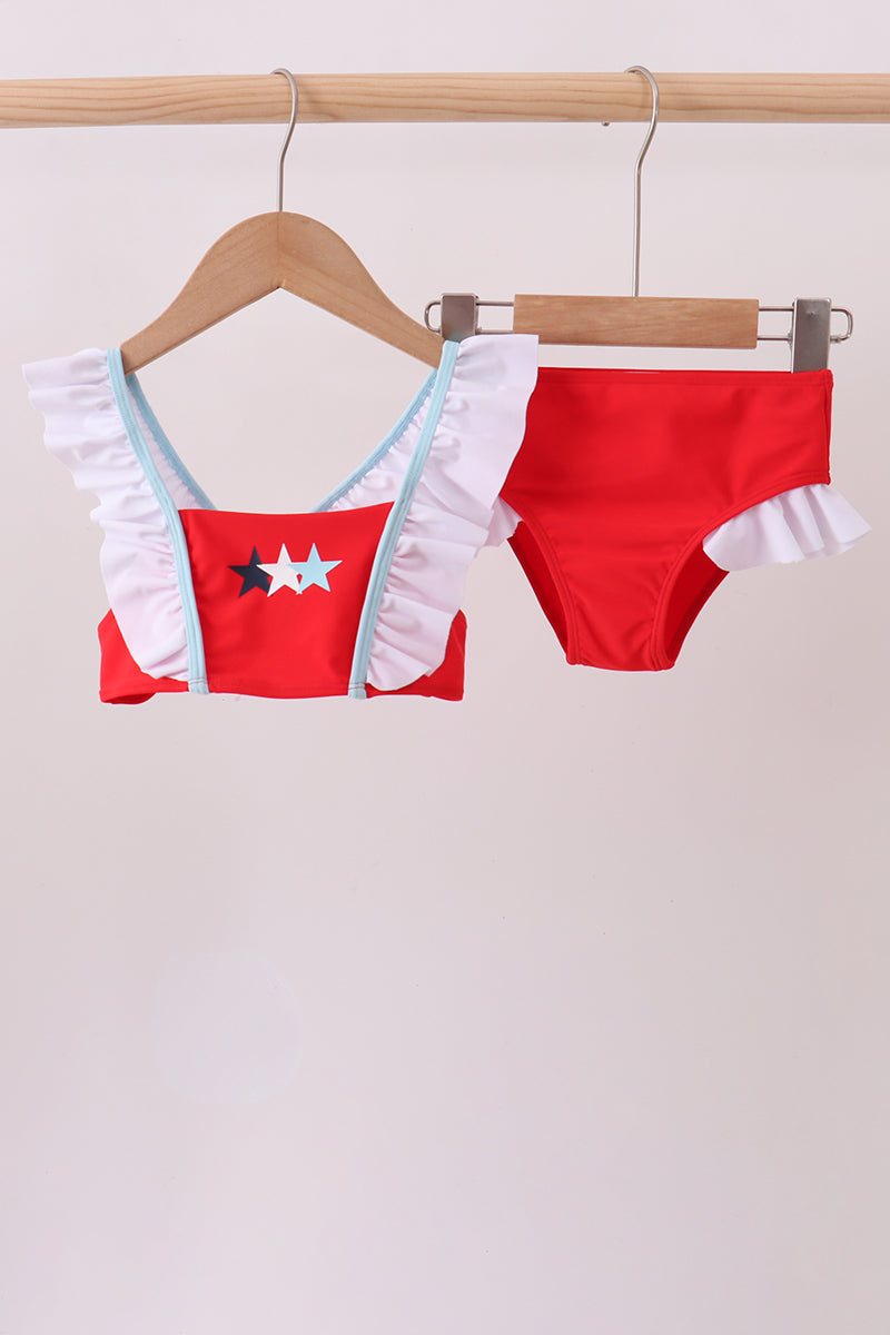 Red star embroidery ruffle 2pc swimsuit