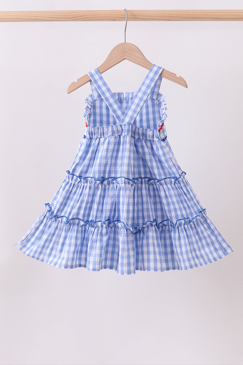 Blue gingham ruffle tiered dress