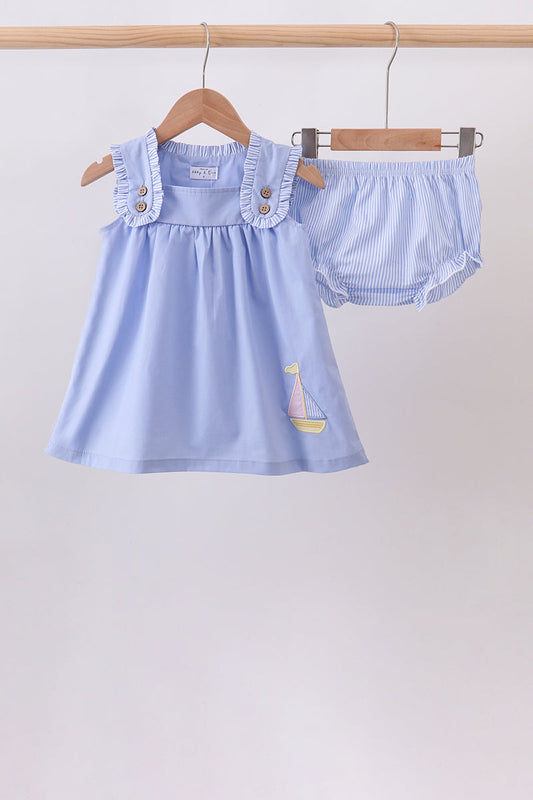 Blue Sailboat Embroidered Bloomer Set